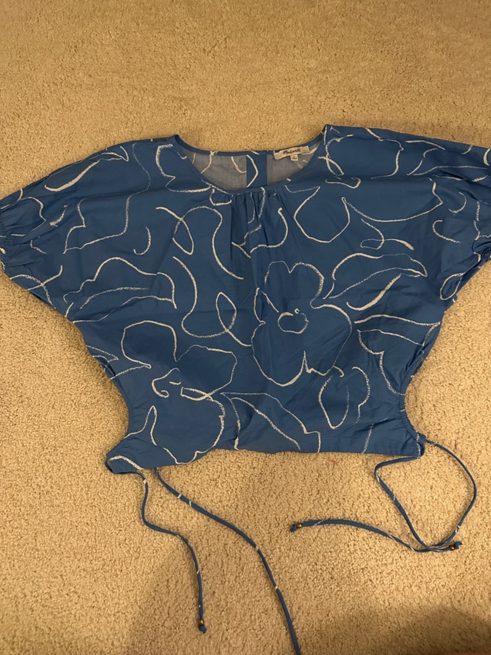 Madewell Blue Floral Drawstring Hem Blouse